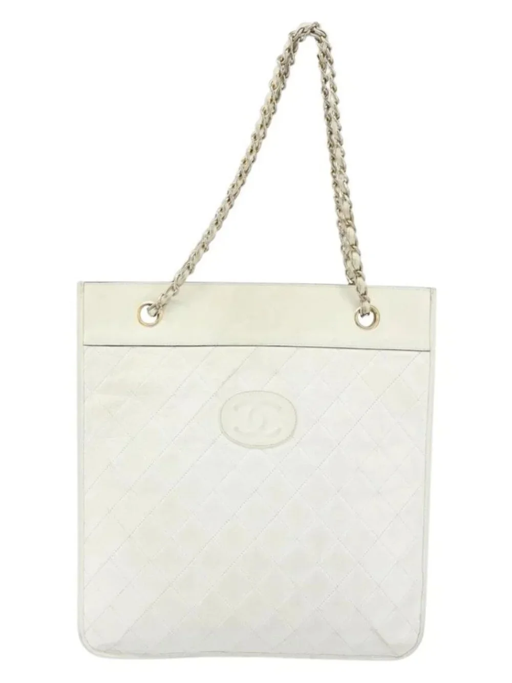 CHANEL Matelasse Chain Shoulder Bag Leather White Gold CC Auth mr1801